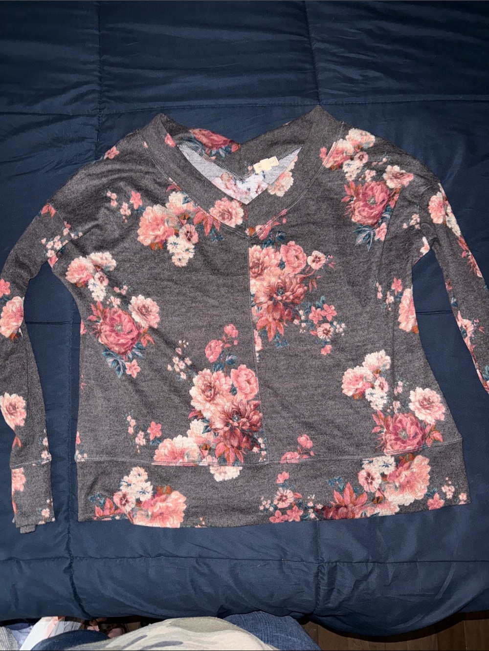 Maurices Gray Floral V-Neck Sweater with Pink Flowers